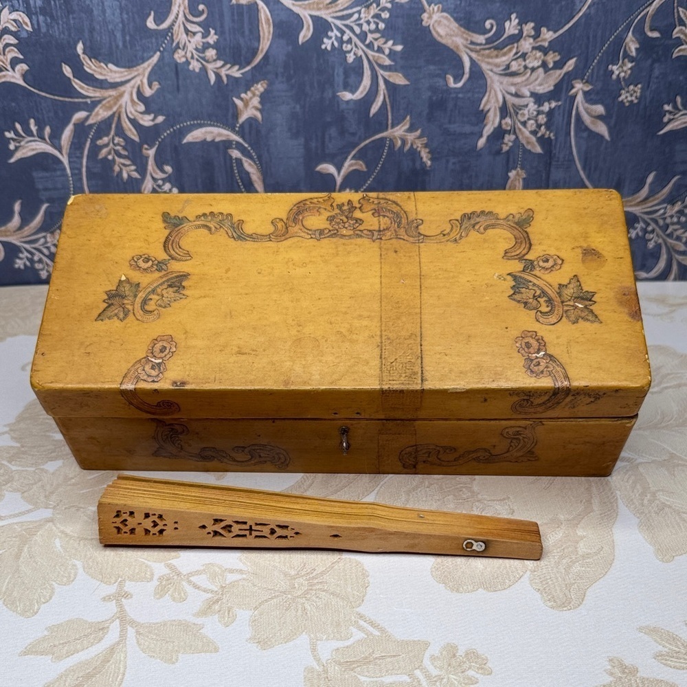 Antique Wooden Velvet Lined Glove Box with Wooden Carved Fan